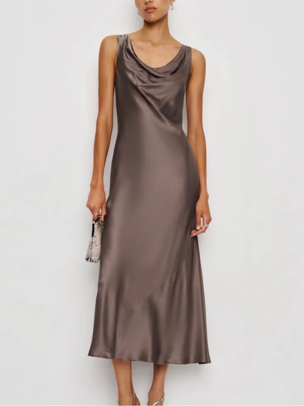 Reformation silk midi slip dress in taupe